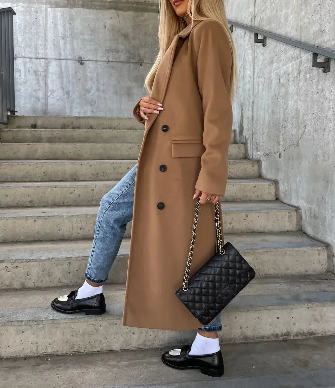 Eleganter Doppelreihiger Wollmantel | Damen Lange Oberbekleidung