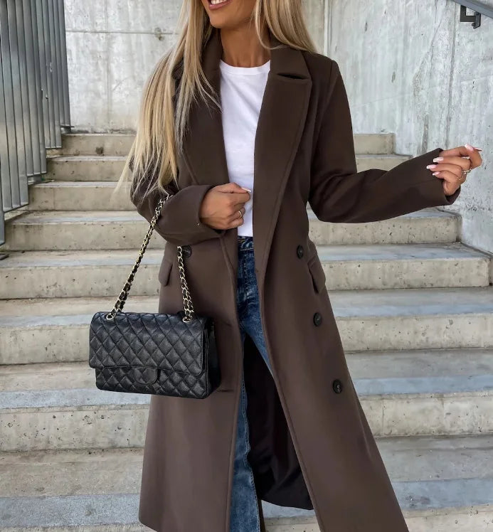 Eleganter Doppelreihiger Wollmantel | Damen Lange Oberbekleidung