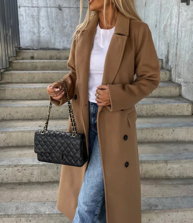 Eleganter Doppelreihiger Wollmantel | Damen Lange Oberbekleidung