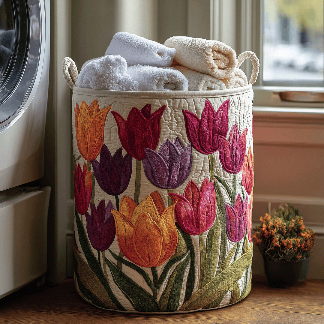 Polsterkorb mit blühenden Tulpen