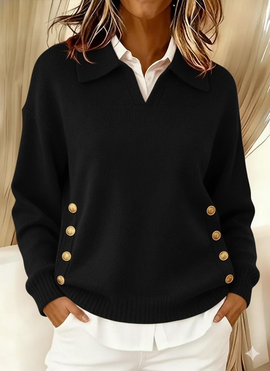 Roswitha | Pullover mit Polokragen und goldfarbenen Knöpfen