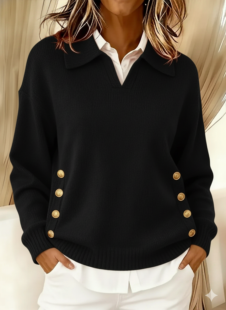 Roswitha | Pullover mit Polokragen und goldfarbenen Knöpfen