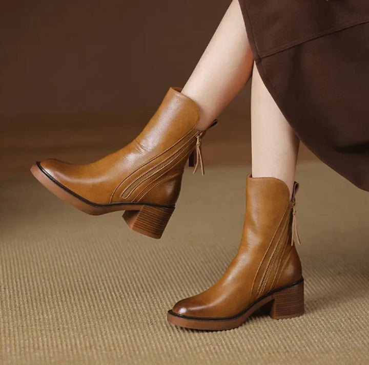 Charlotte | Damen Leder Ankle Boots mit Blockabsatz und Reißverschluss