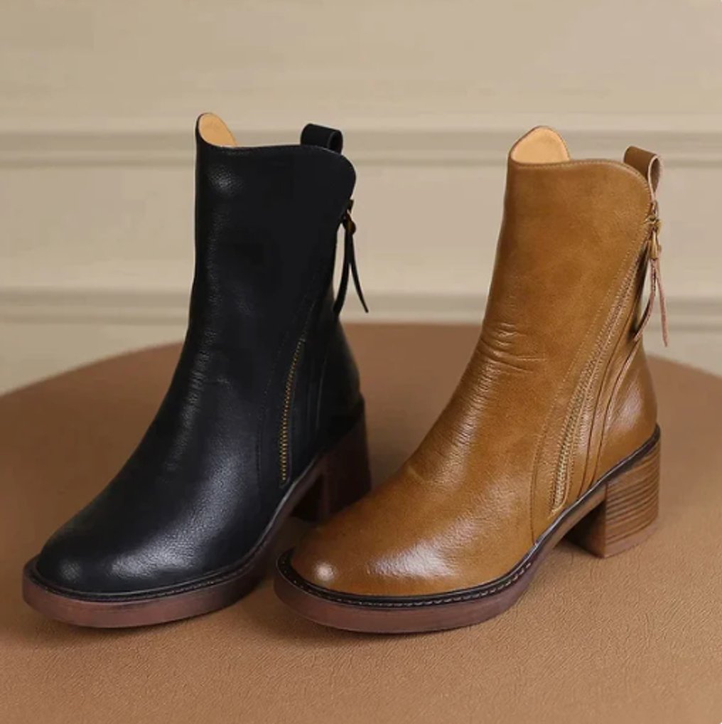 Charlotte | Damen Leder Ankle Boots mit Blockabsatz und Reißverschluss