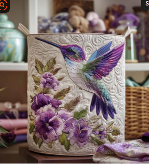 Gepolsterter Korb mit Kolibri zwischen Blumen
